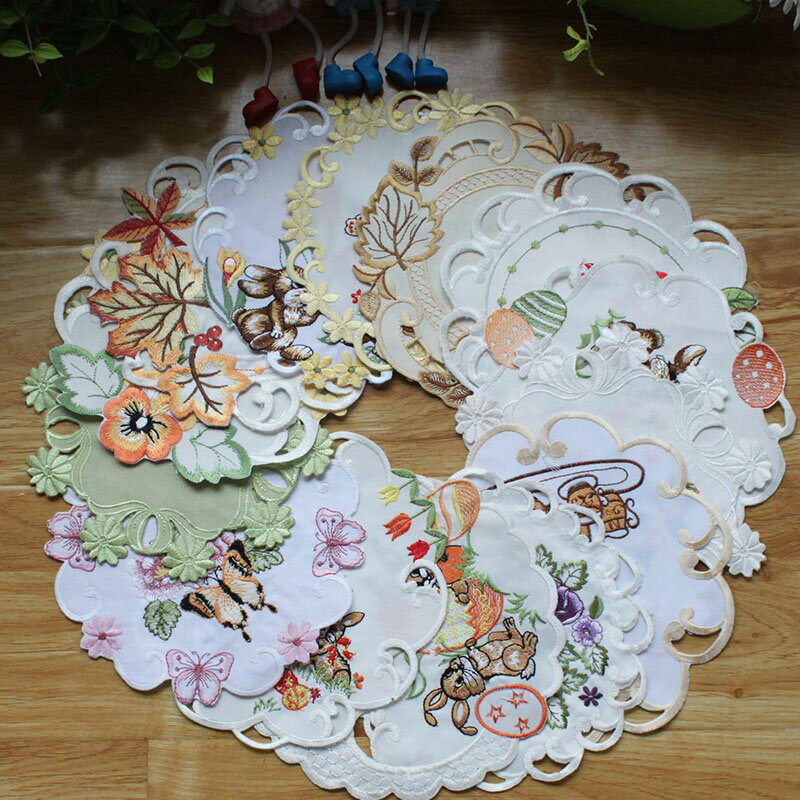 歐式簡約現代刺繡圓形餐桌墊盤墊咖啡杯墊花瓶飾品墊隔熱墊裝飾墊