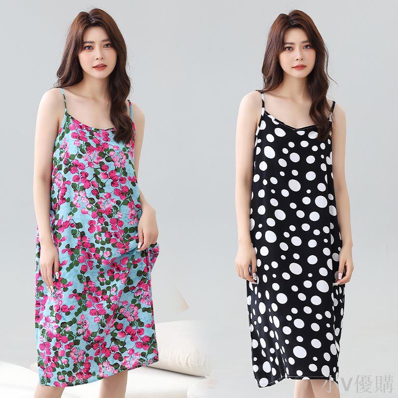 2024新款夏季薄款棉綢吊帶睡裙女黑色圓點時尚性感打底裙長款睡衣
