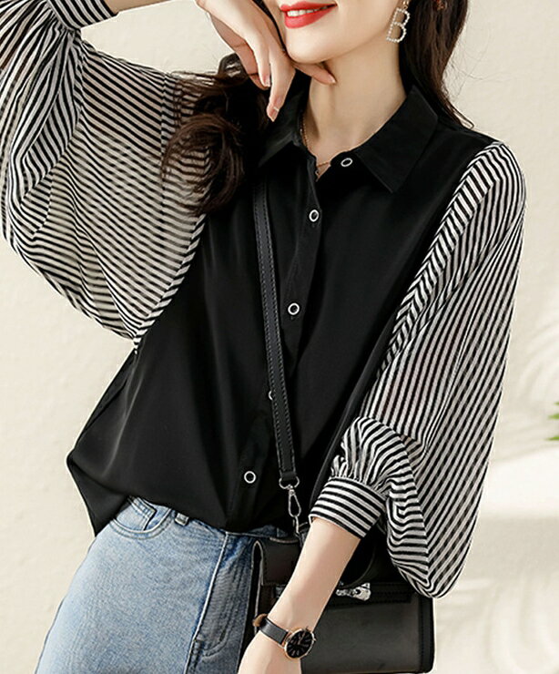 中大尺碼韓版女裝 百搭雪紡上衣 時尚氣質簡約雪紡拼接條紋長袖襯衫 長袖上衣 雪紡衫 1