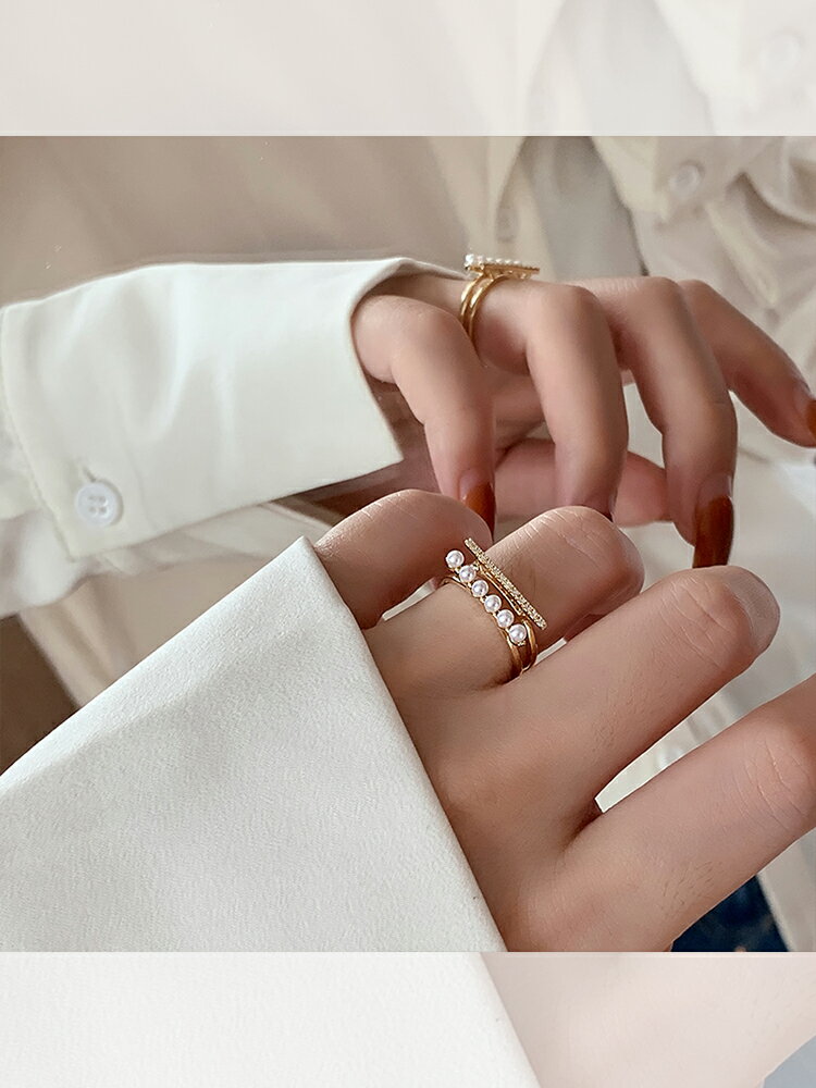 冷淡風珍珠戒指女小眾設計高級感食指戒韓版新款潮人時尚網紅指環