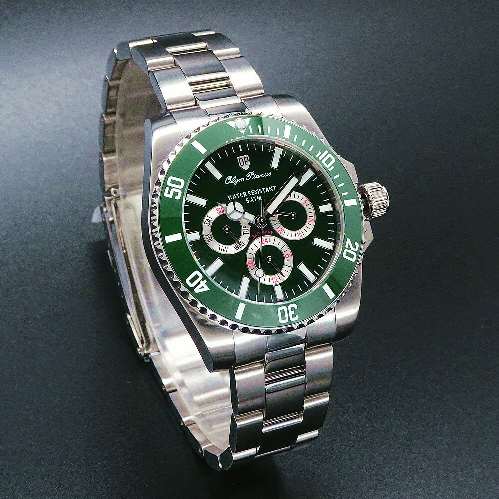 Olym Pianus 奧柏表 綠水鬼豪邁三眼運動型腕錶/40mm-全黑-899833.2G1S