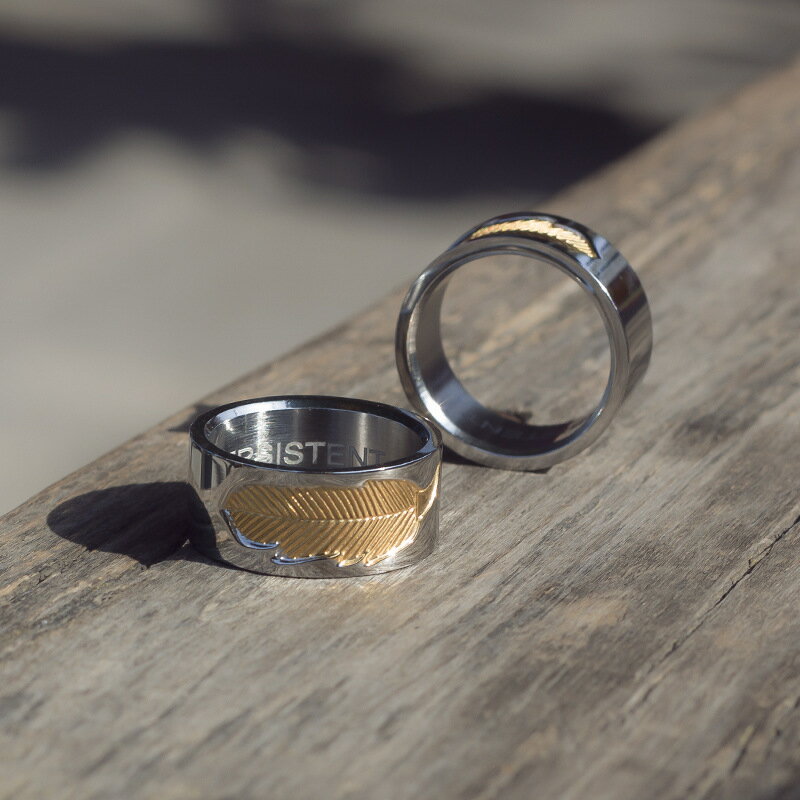 日韓高橋點金羽毛戒指男士食指簡約復古時尚個性學生鈦鋼金色指環