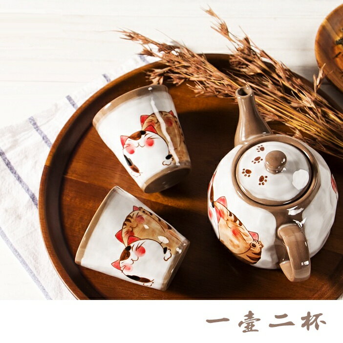 招財貓陶瓷手繪貓咪圖案茶壺組 招財貓茶壺 貓咪茶杯 泡茶用陶瓷茶壺 清酒杯 日式和風萌貓功夫茶杯 家用泡茶壺 陶瓷茶杯 茶具組 8