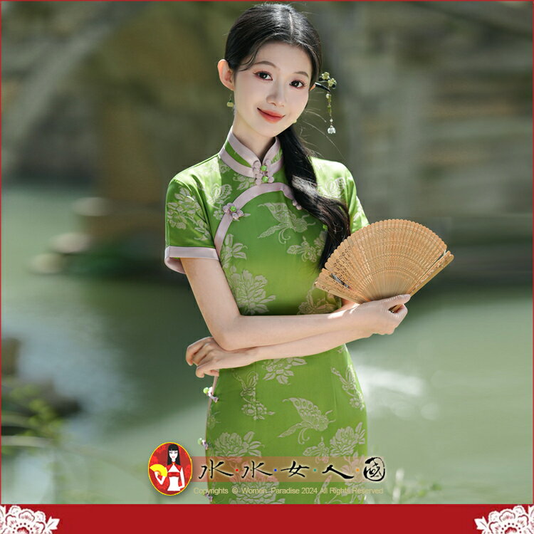 新中式輕國風提花旗袍長款新款春秋改良年輕款少女小個子連衣裙日常可穿夏季顯瘦-蝶花夢-水水女人國