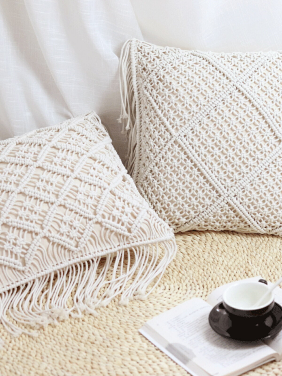 棉線棉繩手工編織流蘇抱枕INS波西米亞靠枕 掛毯拍攝道具靠墊沙發