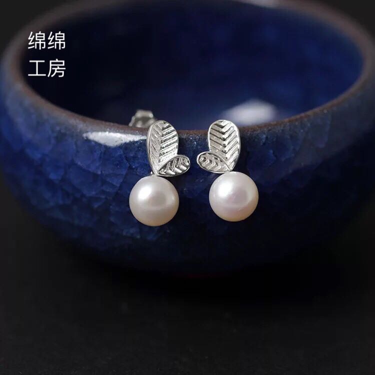 原創設計韓版天然淡水珍珠s925純銀飾品防過敏 珍珠嫩葉耳釘女
