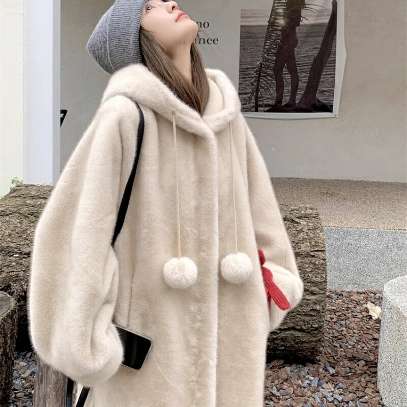 皮草外套仿水貂毛大衣-連帽加厚女巫長款女外套5色74iq30【米蘭精品】【獨家進口】