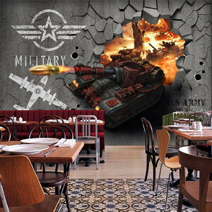 主題餐廳飯店壁紙軍事軍隊包間墻紙燒烤火鍋店部隊3D坦克破墻壁畫