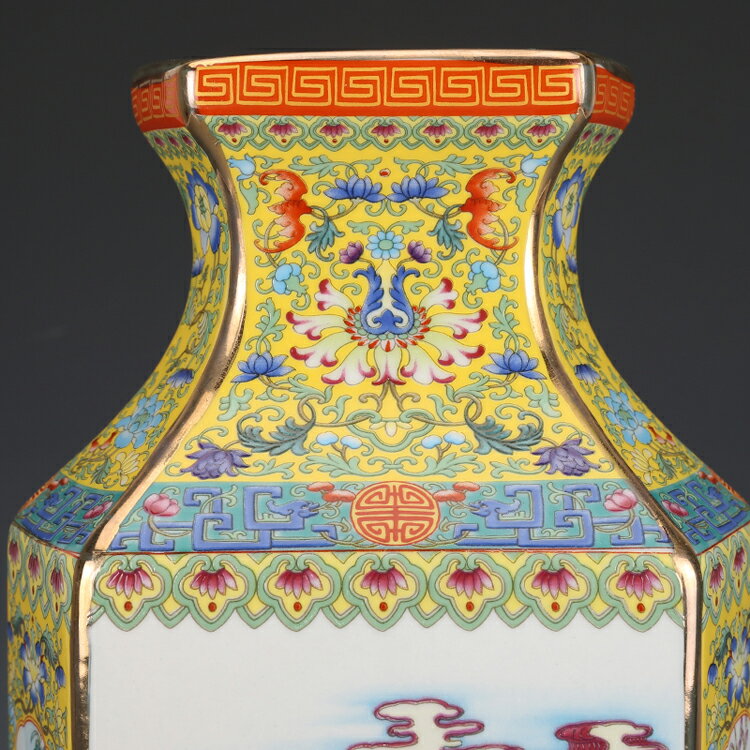 清乾隆琺瑯彩黃地祝壽六方瓶古董古玩收藏真品彩繪花瓶老物件瓷器| 協貿 