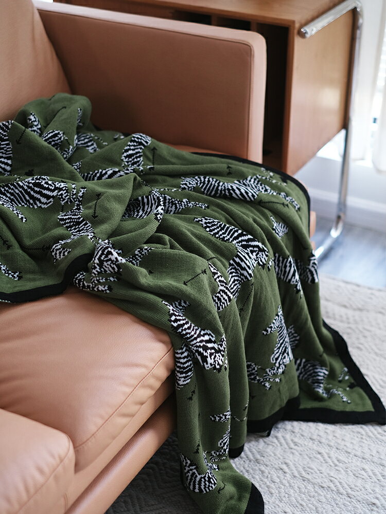 復古春秋空調蓋毯中古綠色斑馬針織休閑沙發裝飾毯北歐風新款包郵