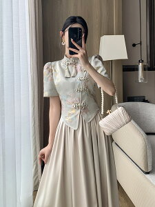 新中式連身裙女夏復古國風顯瘦氣質假兩件長裙子洋裝