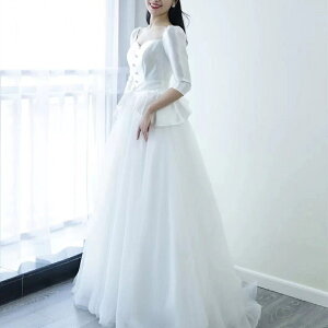 法式緞面輕主婚紗新款新娘氣質顯瘦超仙赫本復古齊地迎賓禮服