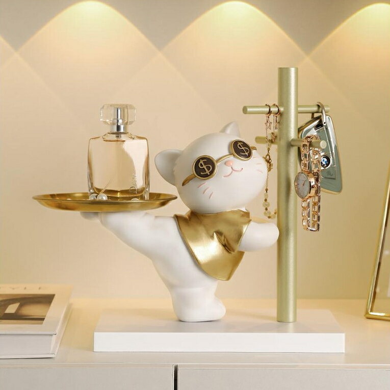 招財貓玄關鑰匙收納擺件入戶家居桌面飾品托盤置物架喬遷新居禮品