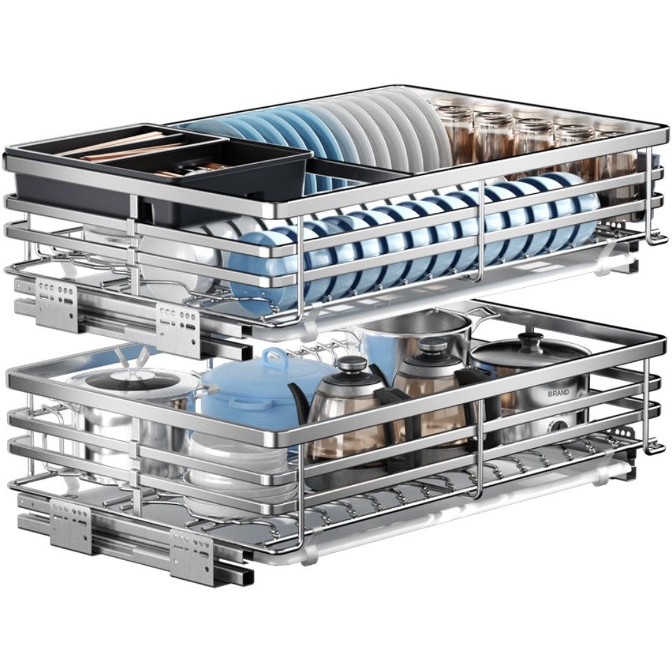 【可開發票】【破盤價】卡貝304不銹鋼抽屜式碗籃廚房櫥柜內雙層抽拉藍收納廚柜碗碟拉籃 6