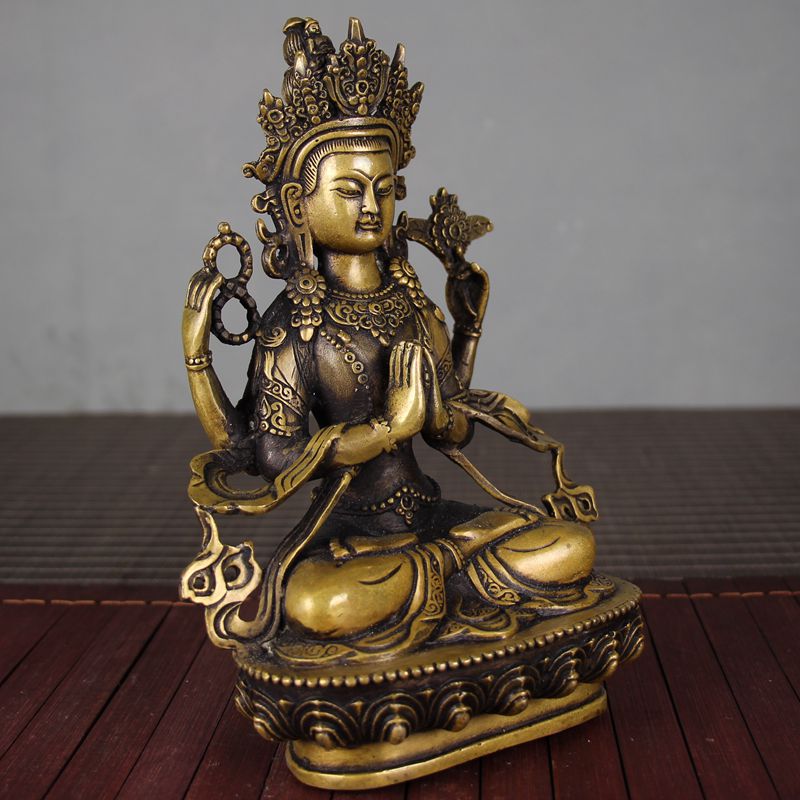 銅像 銅佛像 置物 時代物 古美術 古玩雜項收藏仿古銅器佛像觀音雙手合十合掌文殊普賢四臂四壁觀音