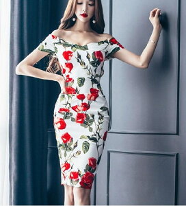 印花連身裙春裝2019新款韓版性感修身露肩一字領包臀中長款裙 都市時尚