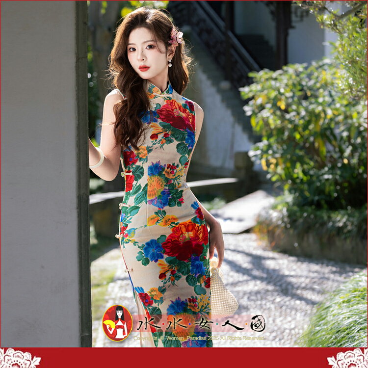 花境港風復古無袖長款旗袍改良春夏新款中式碎花連衣裙女日常洋裝-紅顏輕舞-水水女人國