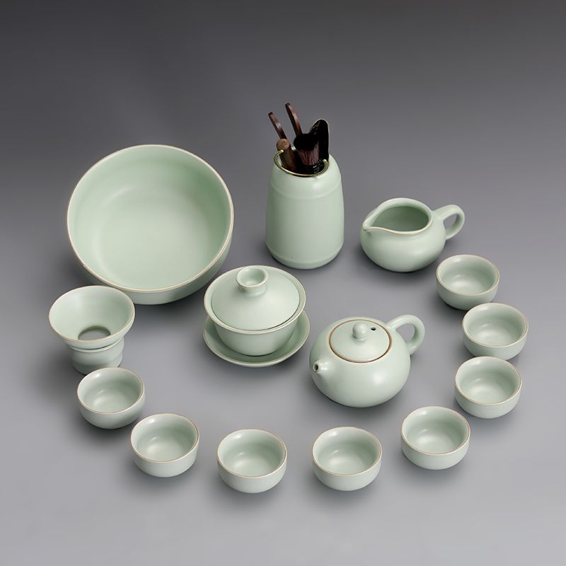 汝窯功夫茶具茶盤套裝家用客廳辦公會客高檔輕奢中式陶瓷茶杯茶壺
