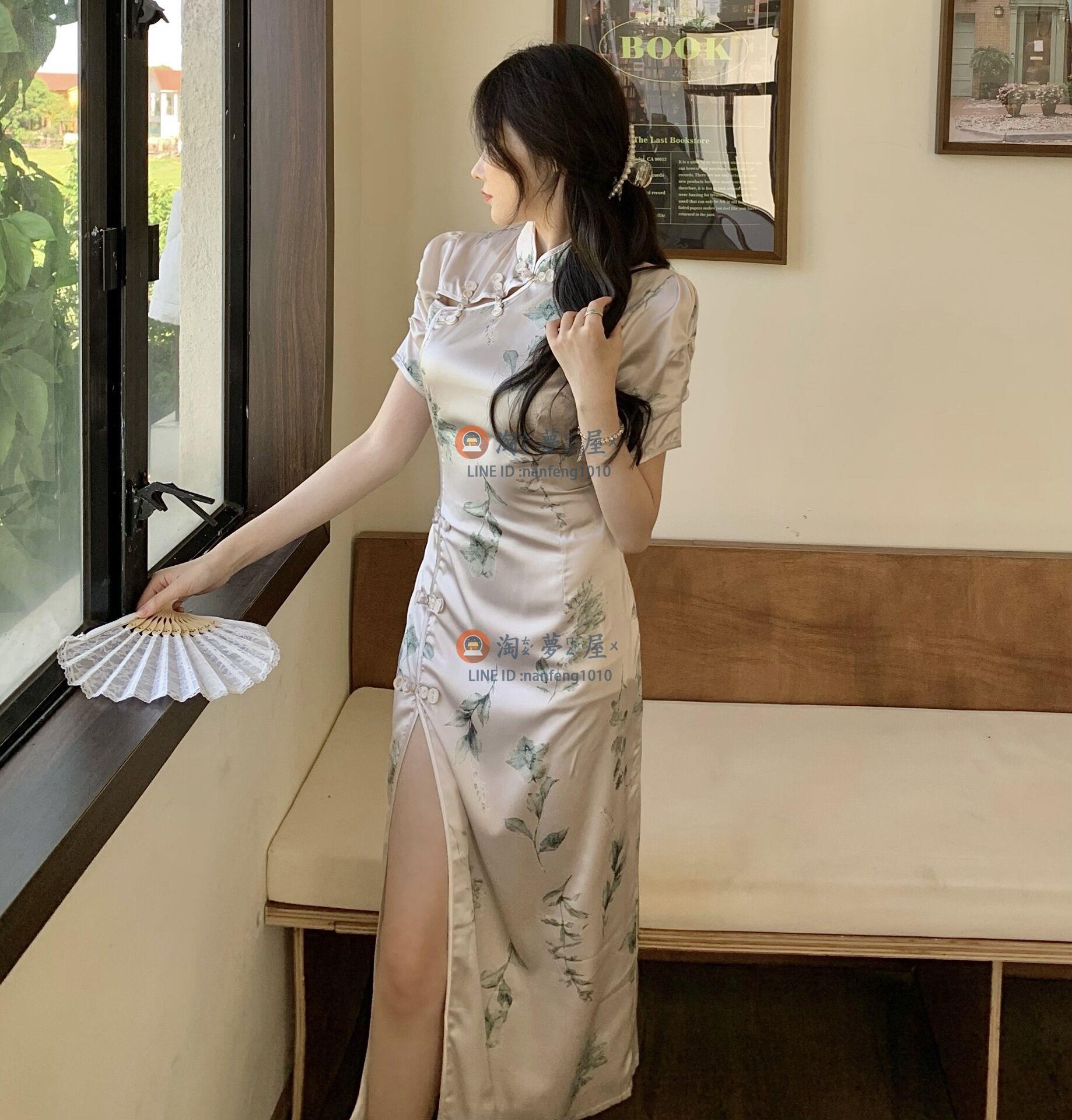 2022年新款旗袍連衣裙 春夏季性感少女開叉長款包臀氣質裙【淘夢屋】