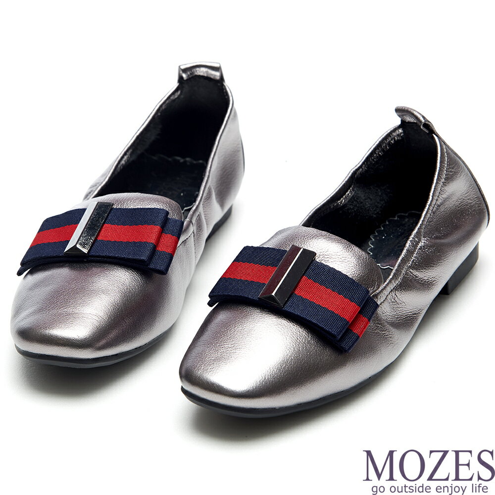 【MOZES】英倫時尚織帶樂福全牛皮平底鞋-銀