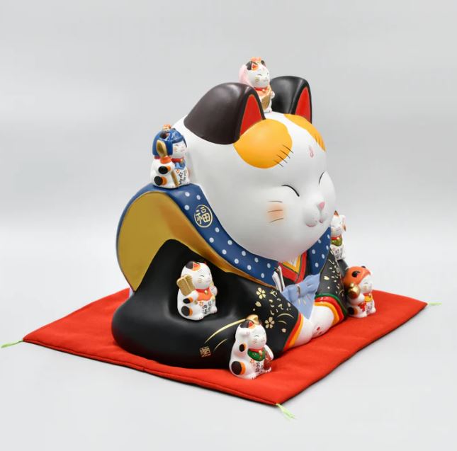 日本製【薬師窯】瀨戶純手工錦彩七福神福助招財貓(10號)Ykcat