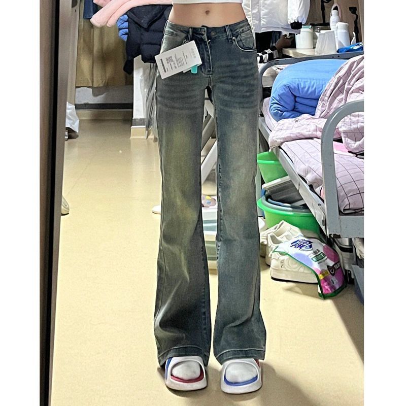 加絨加厚美式復古做舊微喇叭牛仔褲女冬季百搭高腰修身顯瘦拖地褲-享樂