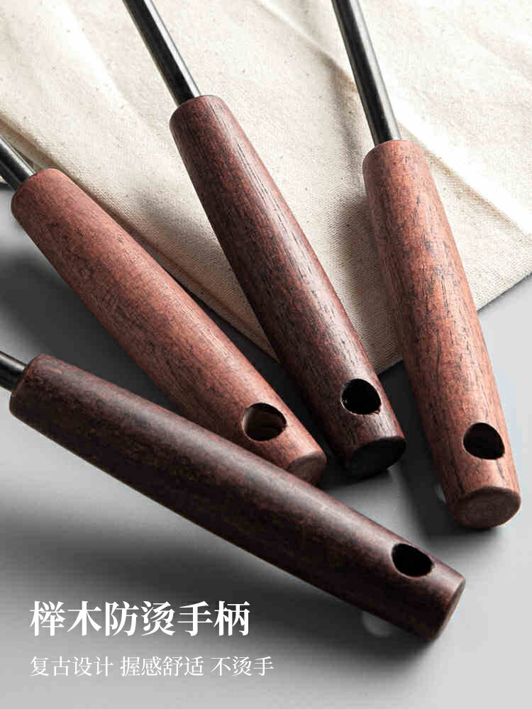 墨色 加厚304不銹鋼鍋鏟木手柄家用廚房廚具炒菜鏟子一體成型湯勺