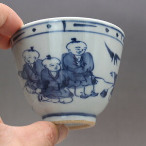 手工青花瓷器 晚清青花童子人物小茶杯 古玩古董陶瓷器仿古收藏品
