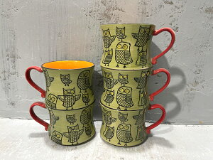 美單小眾品牌 復古民族 竹節造型簡筆貓頭鷹圖案陶瓷馬克杯咖啡杯