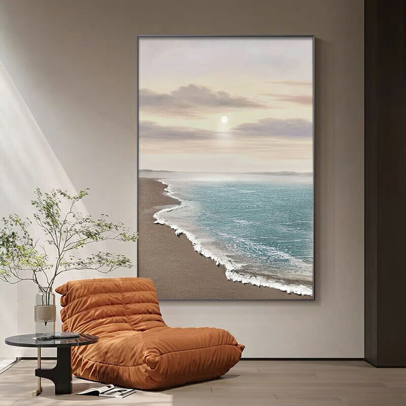 手繪肌理油畫抽象掛畫入戶玄關客廳沙發背景大海日出裝飾畫侘寂風