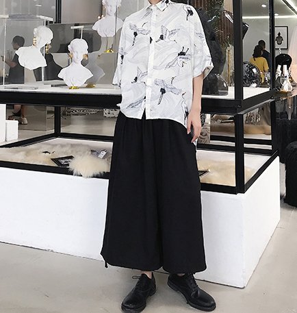 FINDSENSE H1 2018 夏季 新款 日本設計師款 高端 男 復古 氣質仙鶴 寬鬆 蝙蝠袖 短袖襯衫 獨家款