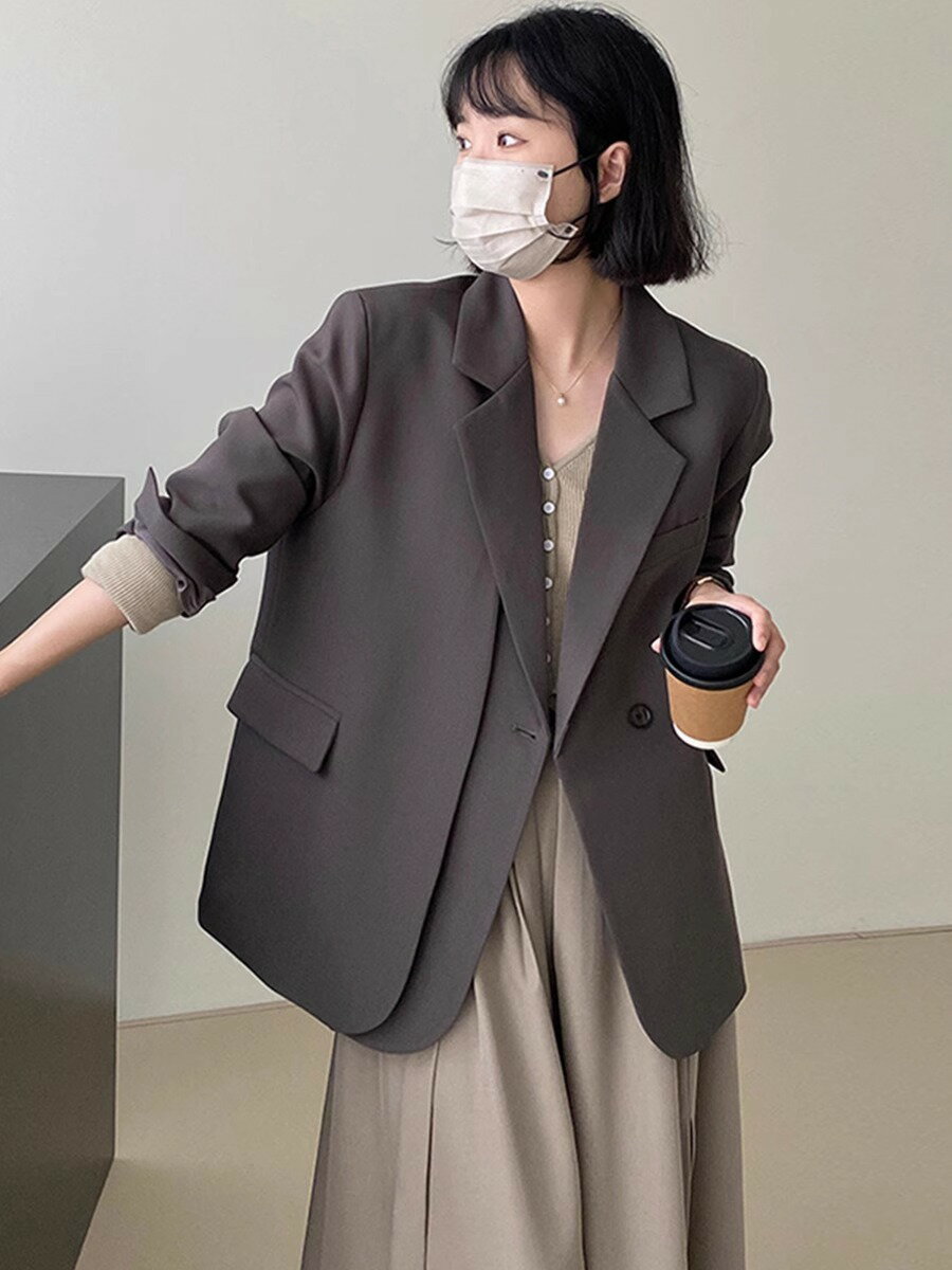 休閑西裝外套女2024新款春秋氣質名媛高級感黑灰色設計感小眾西服【淘夢屋】