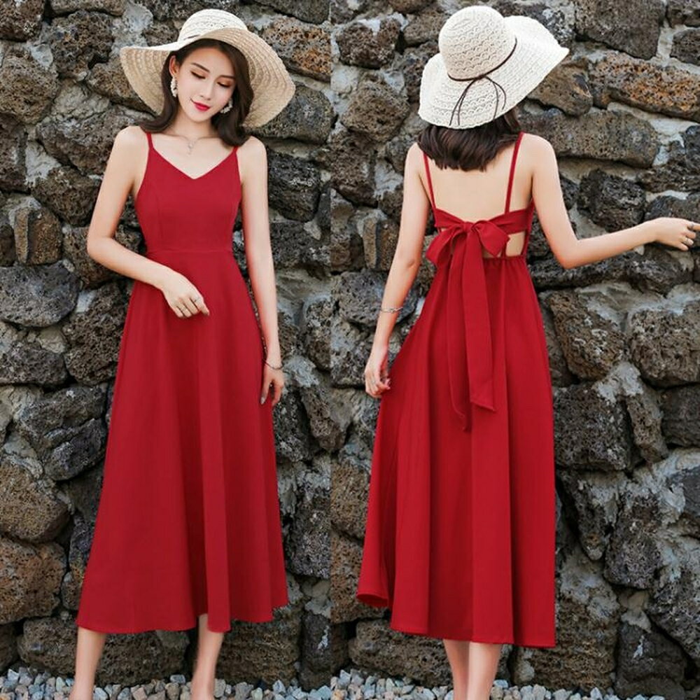 普吉島沙灘裙女夏2019新款海邊度假套裝紅色洋裝泰國旅 【限時特惠】