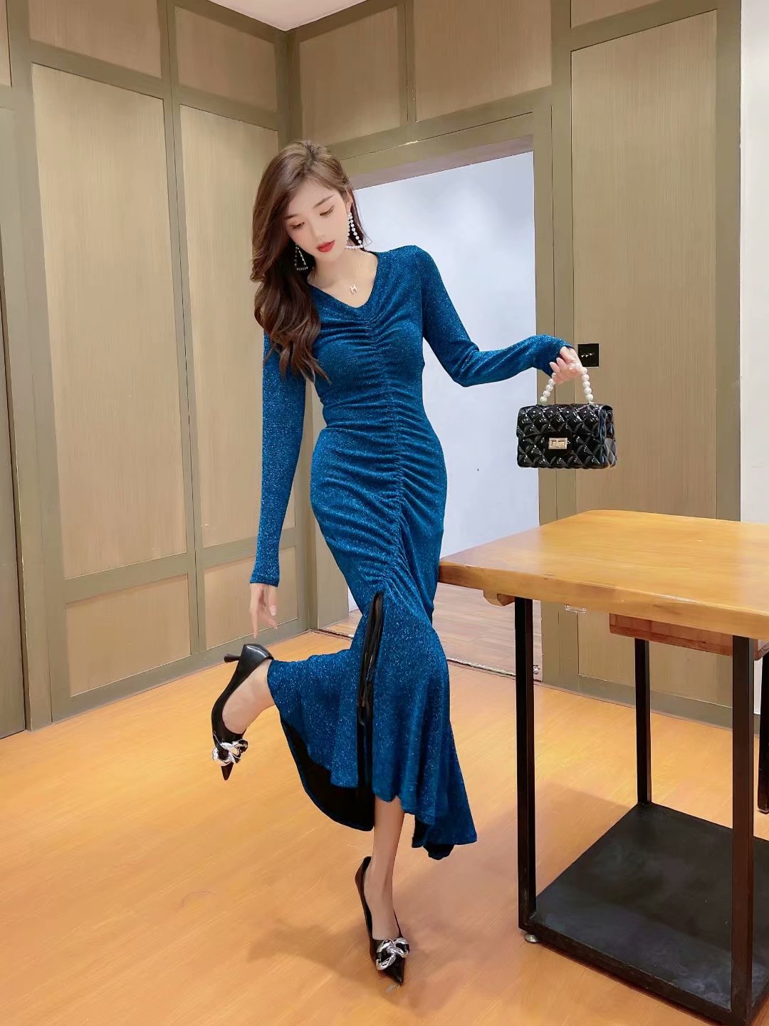 2021秋新款時尚輕奢韓版高彈力長裙收腰顯瘦氣質女神范魚尾連衣裙