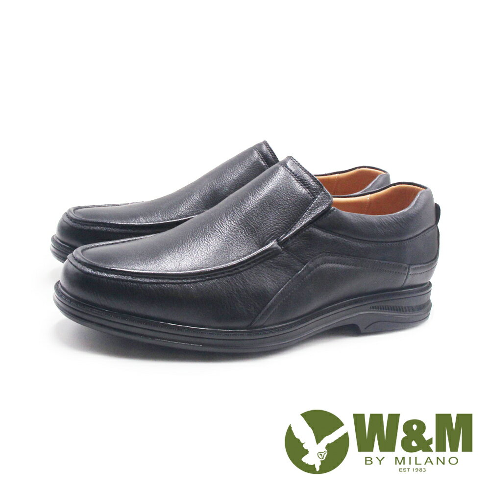 W&M(男)AIR SYSTEM牛皮緩震機能直套式休閒皮鞋 男鞋-黑色