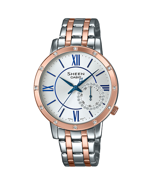 CASIO 卡西歐 SHEEN 海洋清新優雅腕錶 SHE-3046SGP-7BUDF 蜜桃金 藍 32mm