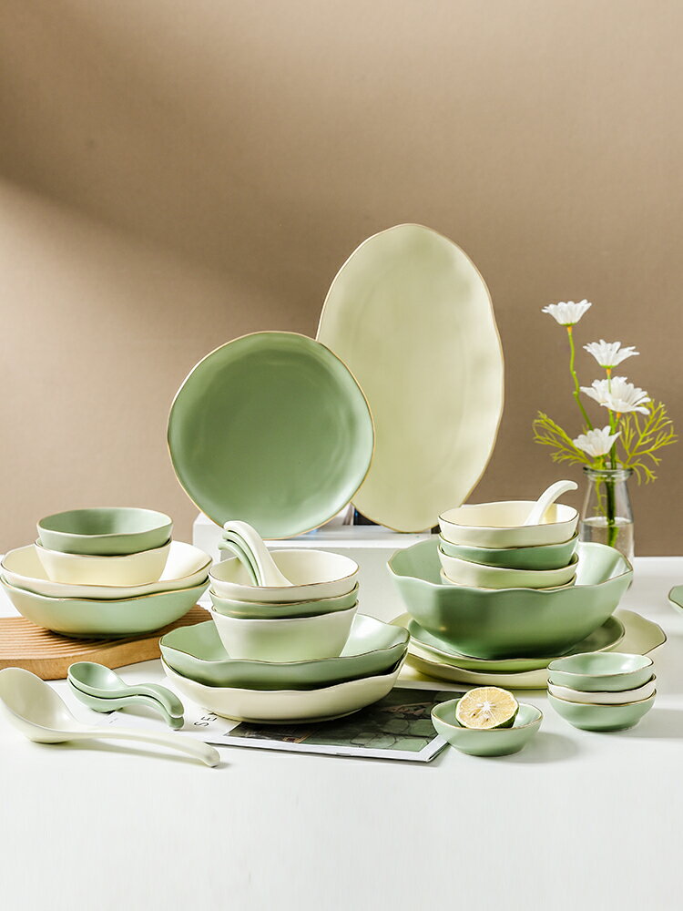 家用輕奢復古金邊陶瓷碗盤筷套裝個性創意菜盤子飯碗湯碗家用組合