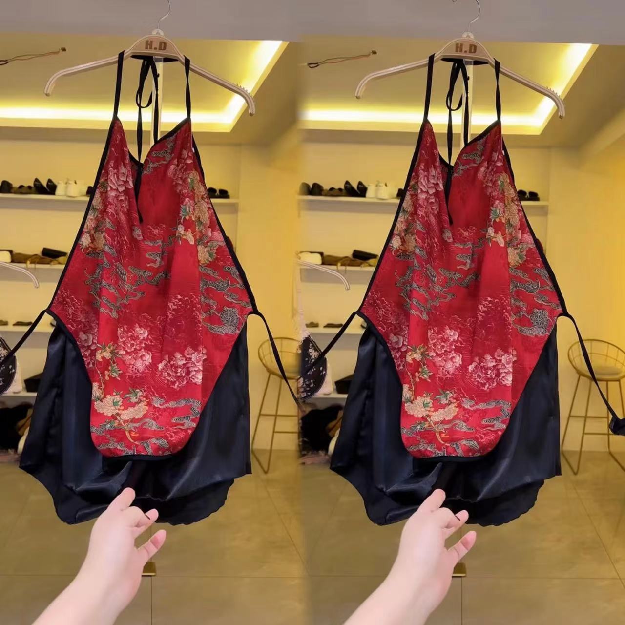免運 保密出貨 情趣服飾 新款肚兜女夏季復古國風立體提花冰絲露背式內衣吊帶短褲薄款套裝 【本商品含有兒少不宜內容】