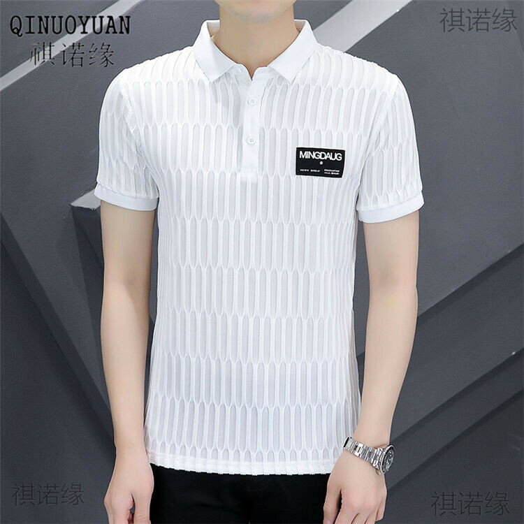 高階翻領POLO衫男|大尺碼100公斤男裝上衣|夏季薄款打底衫|冰絲輕奢空POLO衫|提花短袖上衣|韓版上衣|修身短袖衫
