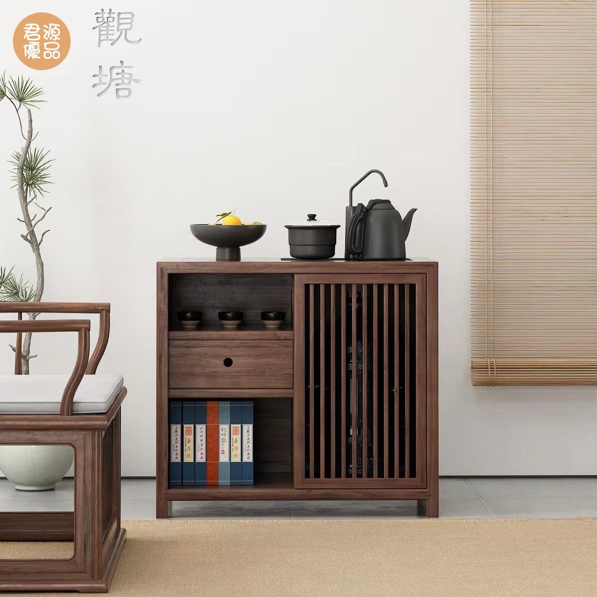 茶桌 茶水櫃 茶臺桌 碗櫃 老榆木一體茶櫃 實木家用客廳簡約小茶桌 邊櫃新中式移動置物架