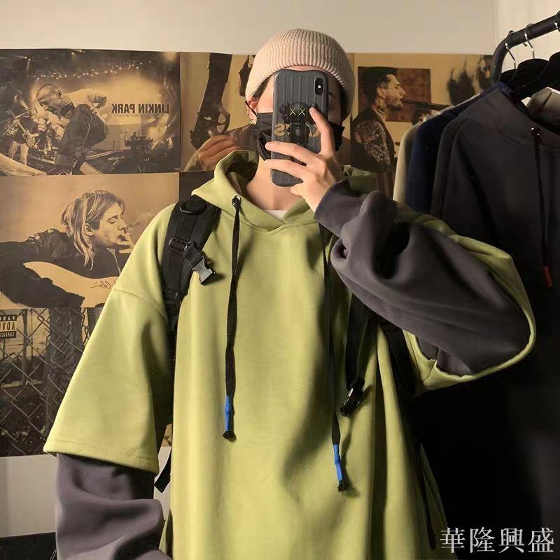 華隆 假兩件衛衣男潮ins潮流寬松情侶裝連帽長袖秋冬加厚韓版學生外套時尚女裝, 時尚T恤 衛衣