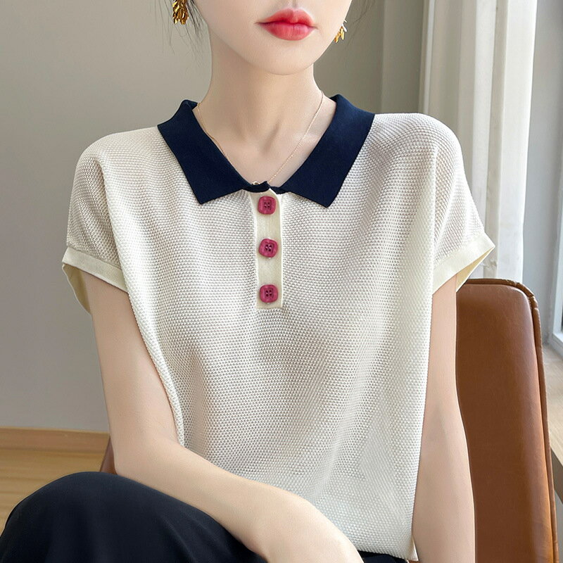 現貨+預購 針織衫短袖毛衣-POLO領天絲輕薄休閒女上衣3色74lc24【獨家進口】【米蘭精品】