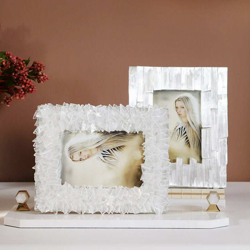 現代風白色晶石手工拼接創意奢華相框輕奢客廳臥室樣板間照片擺臺