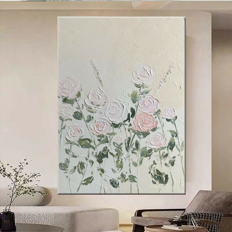 【含稅/免運】 手繪油畫粉色玫瑰花客廳玄關裝飾畫奶油風輕奢立體肌理畫臥室餐廳