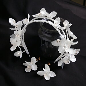 超仙新娘白色緞面小花朵發箍發帶頭飾耳環耳夾發飾套裝婚紗配飾品
