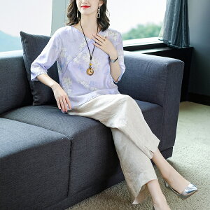 新款中國風設計感v領斜襟苧麻套頭襯衫雙層復古棉麻上衣套裝