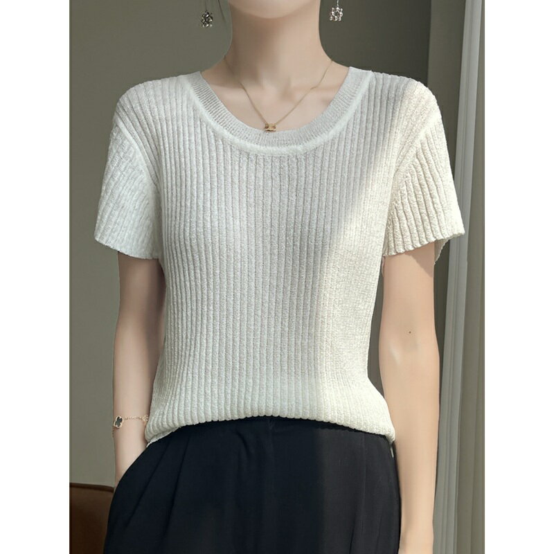 現貨+預購 針織衫短袖毛衣-圓領坑條修身T恤女上衣6色74lc28【獨家進口】【米蘭精品】