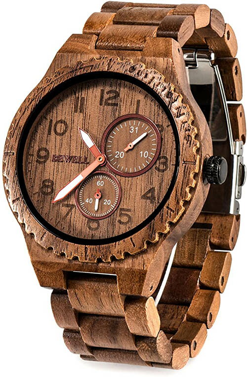 Bewell【日本代購】復古懷舊木錶 男士手錶 石英錶-胡桃木