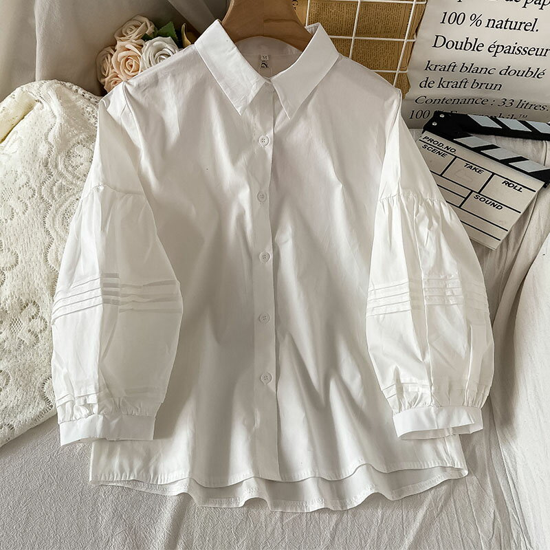 100%純棉泡泡袖白色襯衫女設計感小眾新款秋冬季上衣服襯衣