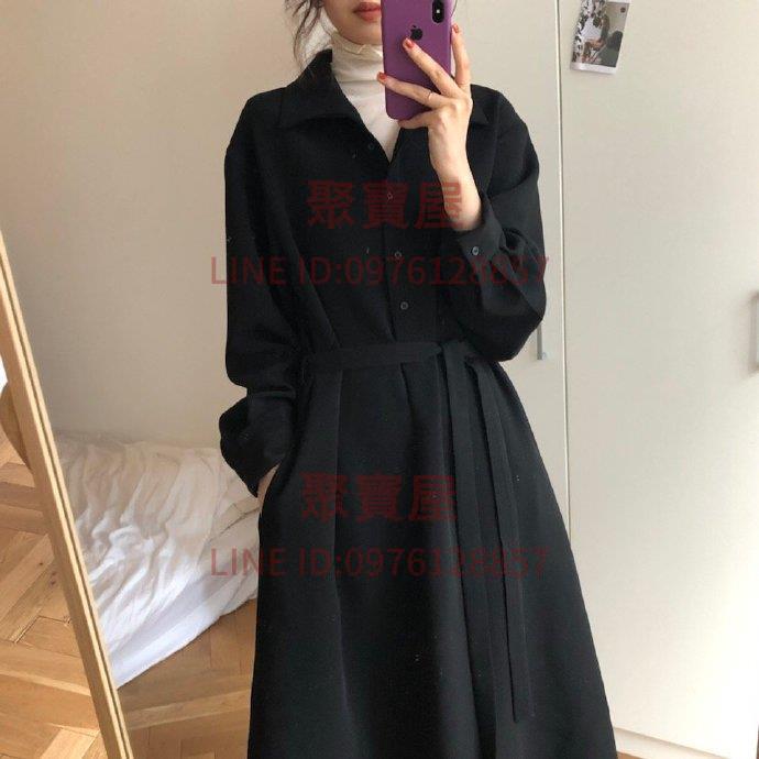 連衣裙裙子女韓版學生襯衫裙女收腰女中長款時尚百搭過膝長裙春季新款【聚寶屋】